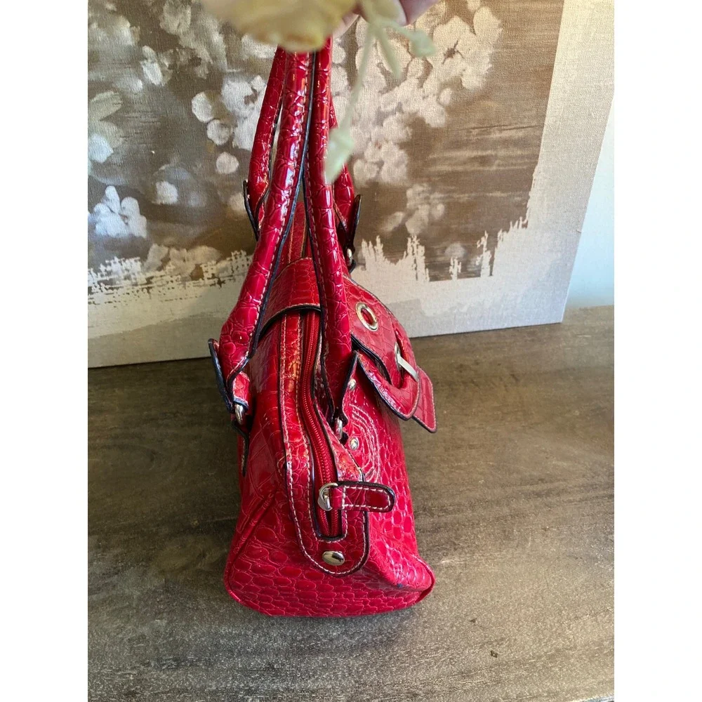 Strada Red Croc Embossed Faux Leather Satchel Handbag with Matching Coin Purse